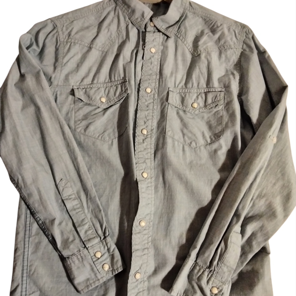 Roebuck & Co Pale Blue Pearl Snap Cotton Button-Up Mens Shirt Size Sm Western